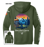 Military green hoodie with disc golf-themed design on the back, featuring mountains and trees, with 'Disc Golf Church' branding.