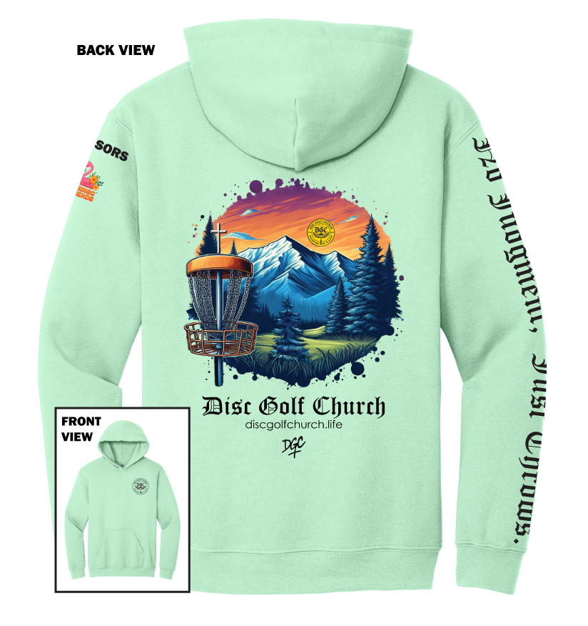 Light green hoodie with disc golf-themed design on the back, featuring mountains and trees, with 'Disc Golf Church' branding.