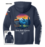 Navy hoodie with disc golf-themed design on the back, featuring mountains and trees, with 'Disc Golf Church' branding.