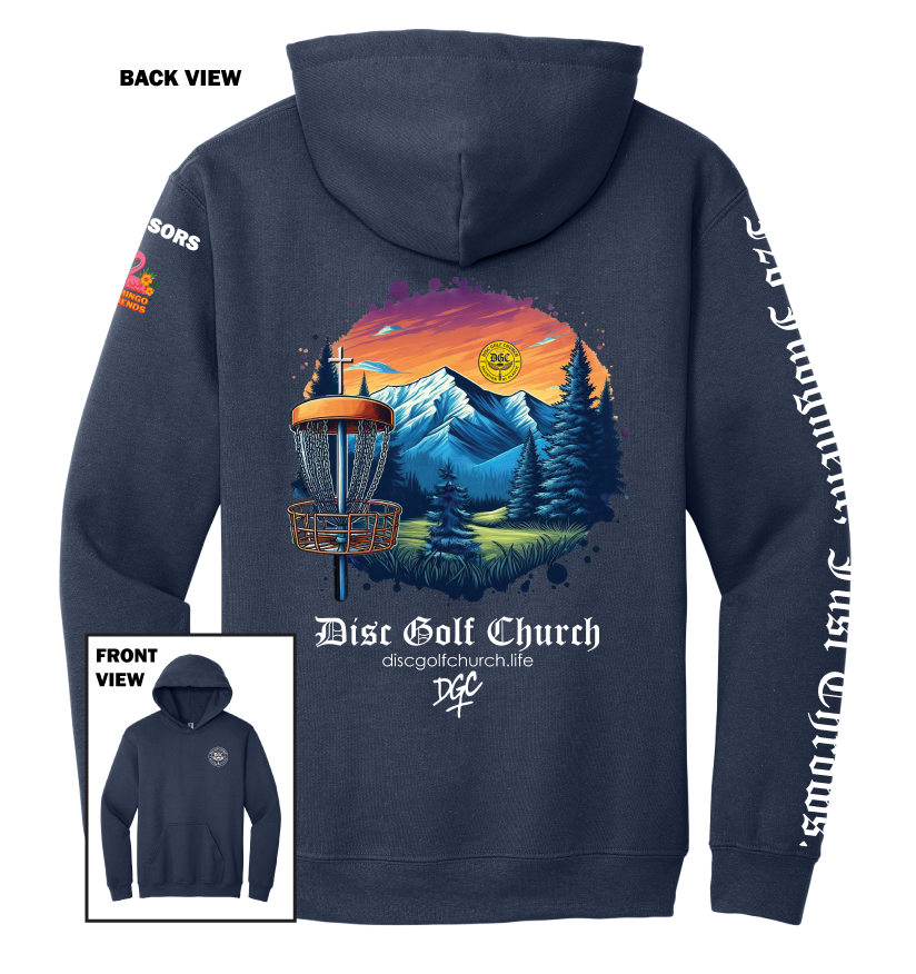 Navy hoodie with disc golf-themed design on the back, featuring mountains and trees, with 'Disc Golf Church' branding.