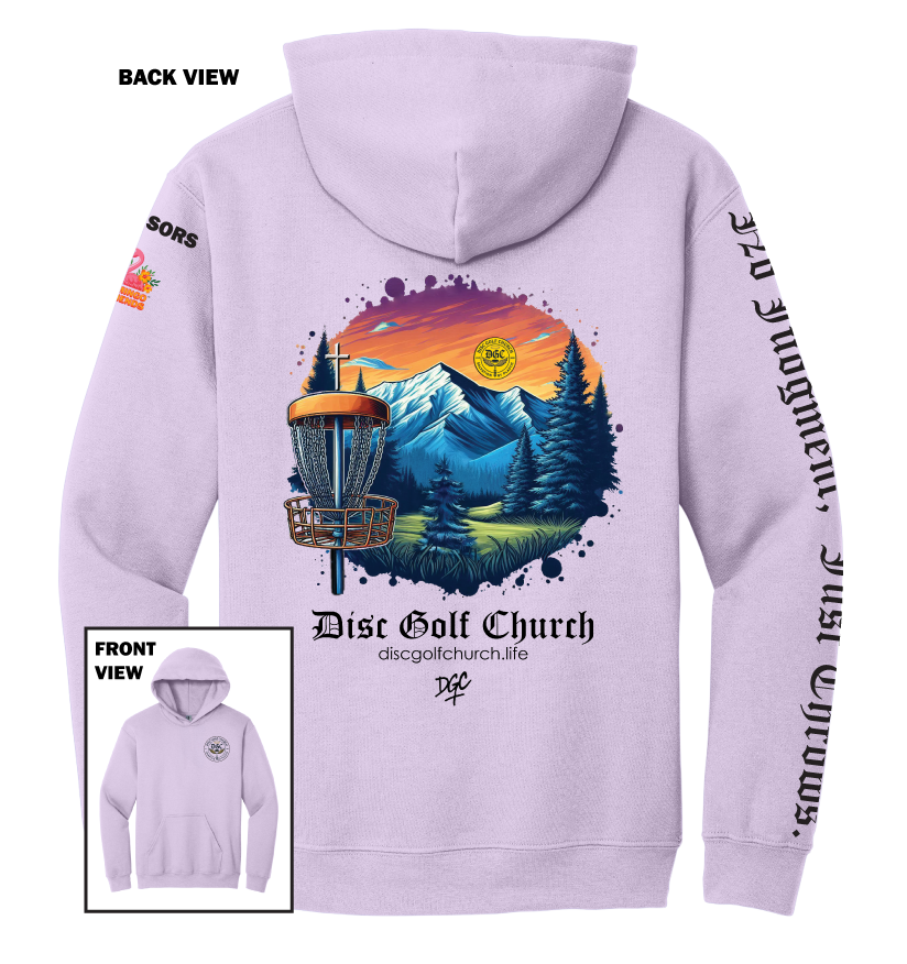 Lavender hoodie with disc golf-themed design on the back, featuring mountains and trees, with 'Disc Golf Church' branding.