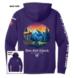 Purple hoodie with disc golf-themed design on the back, featuring mountains and trees, with 'Disc Golf Church' branding.