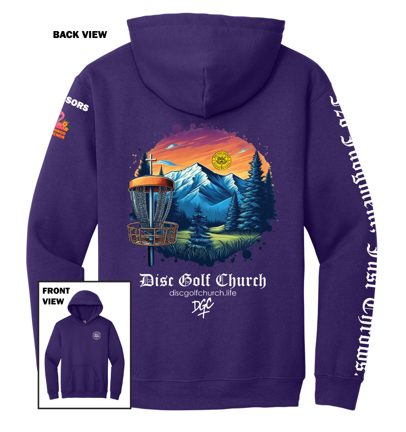Purple hoodie with disc golf-themed design on the back, featuring mountains and trees, with 'Disc Golf Church' branding.