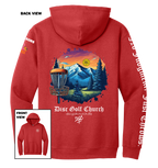 Red hoodie with disc golf-themed design on the back, featuring mountains and trees, with 'Disc Golf Church' branding.
