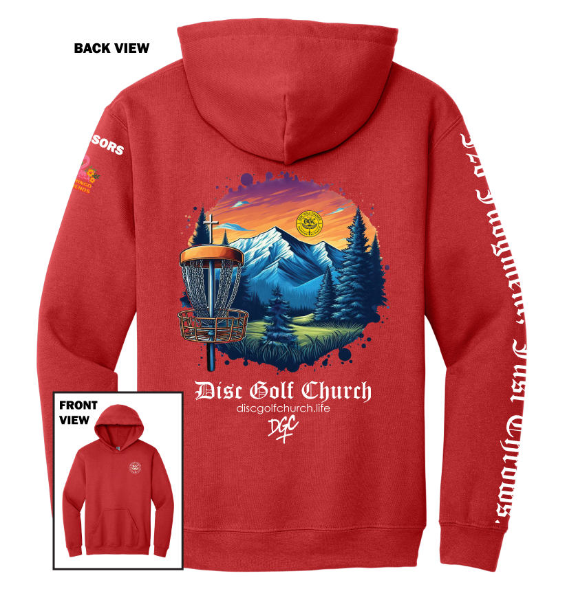 Red hoodie with disc golf-themed design on the back, featuring mountains and trees, with 'Disc Golf Church' branding.