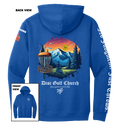 Blue hoodie with disc golf-themed design on the back, featuring mountains and trees, with 'Disc Golf Church' branding.