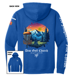 Blue hoodie with disc golf-themed design on the back, featuring mountains and trees, with 'Disc Golf Church' branding.