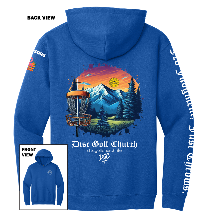 Blue hoodie with disc golf-themed design on the back, featuring mountains and trees, with 'Disc Golf Church' branding.