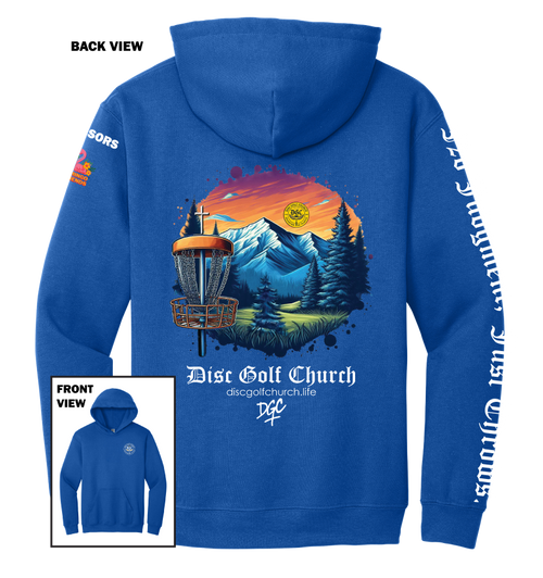 Blue hoodie with disc golf-themed design on the back, featuring mountains and trees, with 'Disc Golf Church' branding.