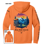 Orange hoodie with disc golf-themed design on the back, featuring mountains and trees, with 'Disc Golf Church' branding.
