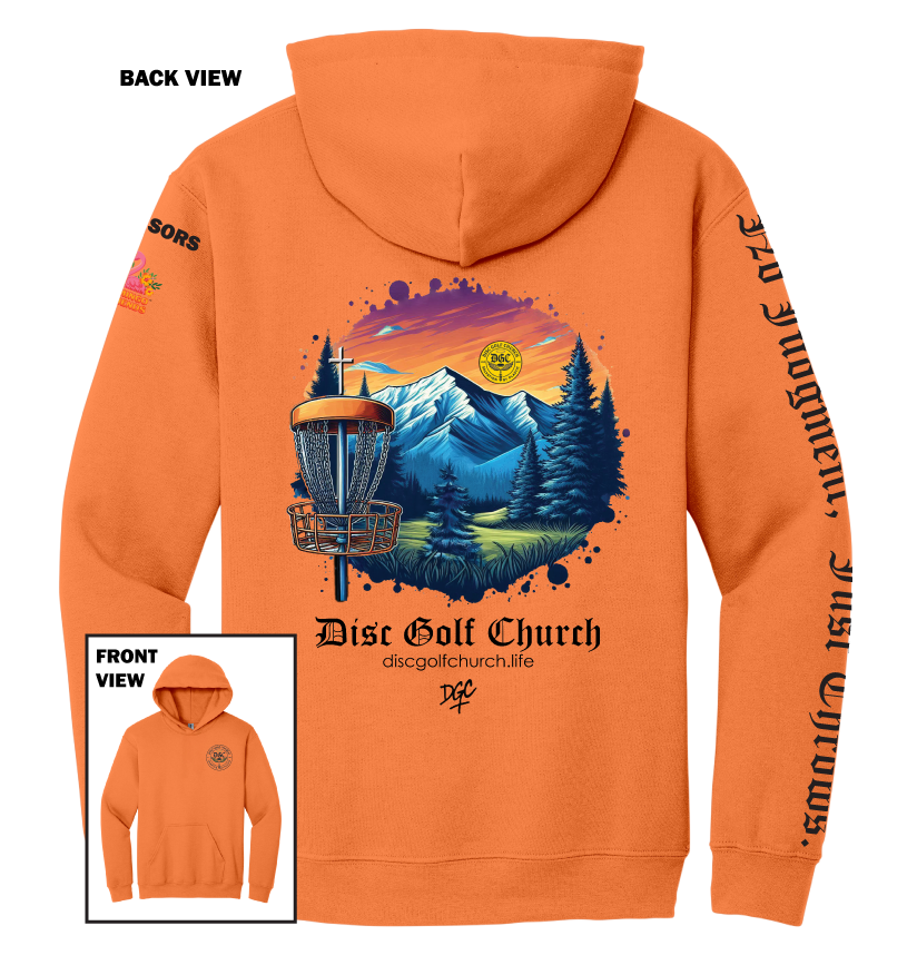 Orange hoodie with disc golf-themed design on the back, featuring mountains and trees, with 'Disc Golf Church' branding.