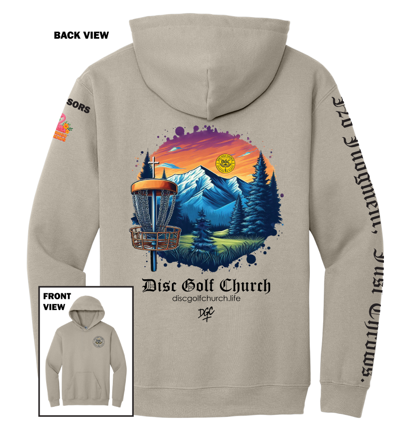 Beige hoodie with disc golf-themed design on the back, featuring mountains and trees, with 'Disc Golf Church' branding.