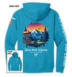 Sapphire hoodie with disc golf-themed design on the back, featuring mountains and trees, with 'Disc Golf Church' branding.
