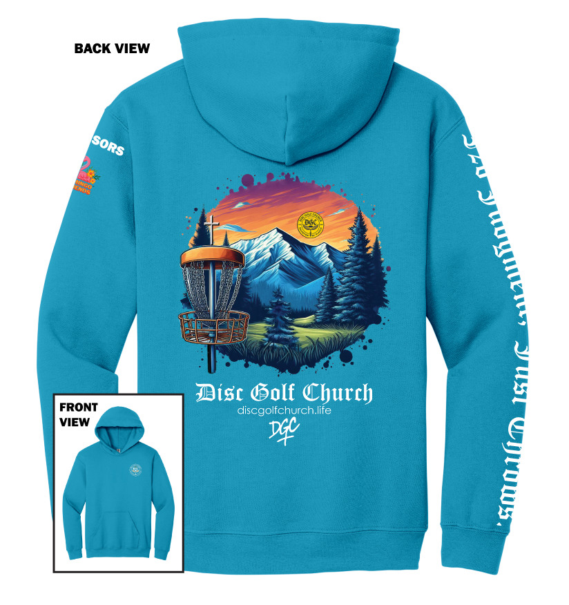 Sapphire hoodie with disc golf-themed design on the back, featuring mountains and trees, with 'Disc Golf Church' branding.