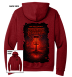 Red hoodie with 'Disc Golf Church Stranger Chains' design on the back, shown from front and back views.