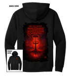 Black hoodie with red graphic design on the back, featuring 'Disc Golf Church Stranger Chains' text.