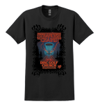 Black t-shirt with 'Stranger Chains Disc Golf Church' graphic design 