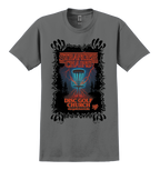 Gray t-shirt with 'Stranger Chains Disc Golf Church' graphic design