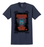Navy blue t-shirt with 'Stranger Chains Disc Golf Church' graphic