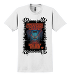 White t-shirt with 'Stranger Chains Disc Golf Church' graphic design