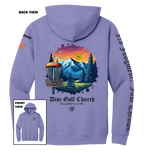 Purple hoodie with disc golf-themed design on the back, featuring mountains and trees, with 'Disc Golf Church' branding.