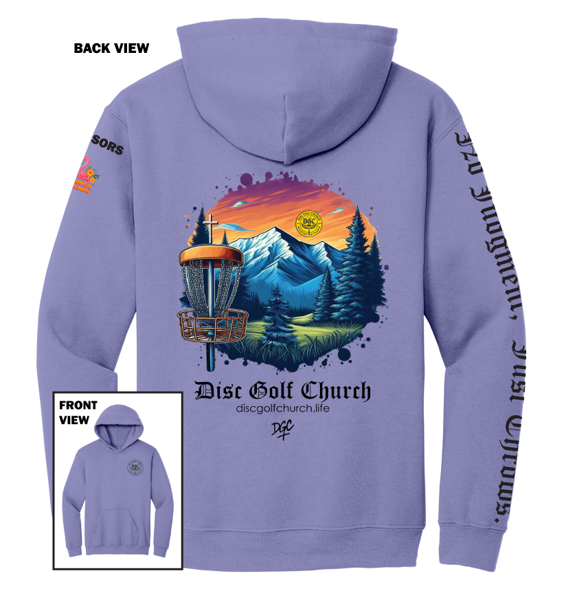 Purple hoodie with disc golf-themed design on the back, featuring mountains and trees, with 'Disc Golf Church' branding.