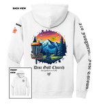 White hoodie with disc golf-themed design on the back, featuring mountains and trees, with 'Disc Golf Church' branding.