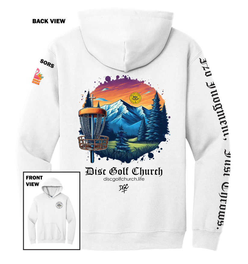 White hoodie with disc golf-themed design on the back, featuring mountains and trees, with 'Disc Golf Church' branding.