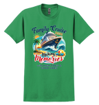 Green t-shirt with family cruise design featuring a cruise ship, palm trees, and text