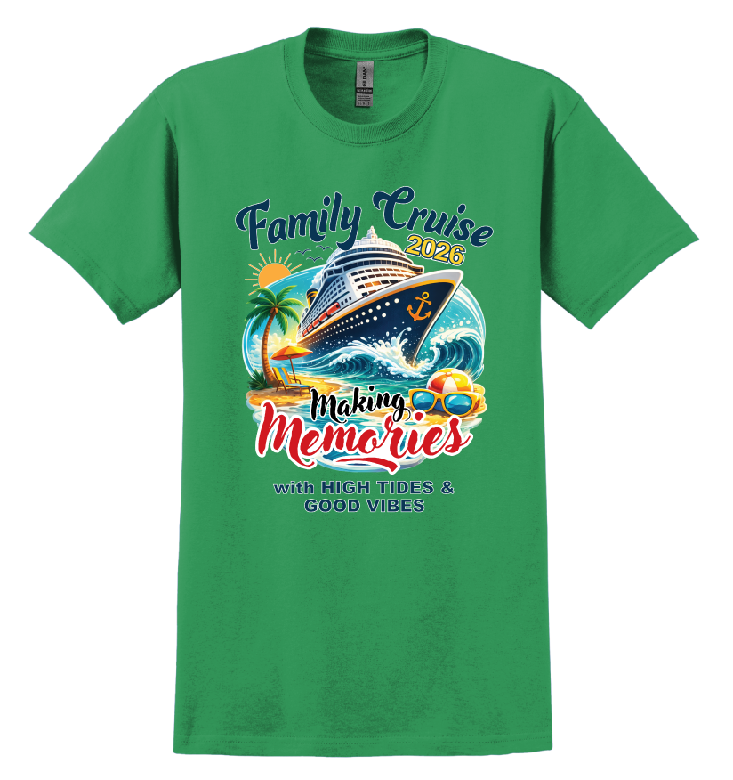 Green t-shirt with family cruise design featuring a cruise ship, palm trees, and text