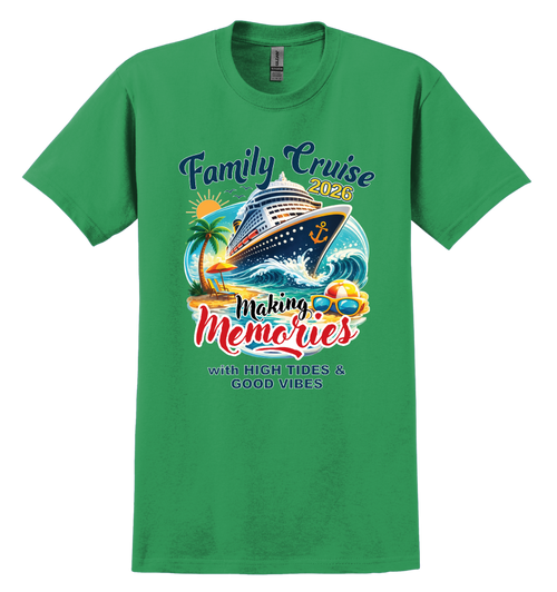 Green t-shirt with family cruise design featuring a cruise ship, palm trees, and text