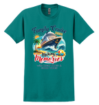 Teal t-shirt with family cruise design featuring a cruise ship, palm trees, and text