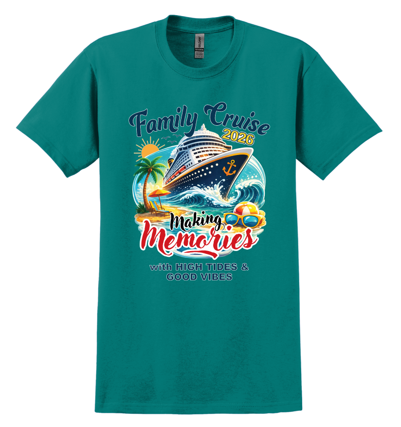 Teal t-shirt with family cruise design featuring a cruise ship, palm trees, and text