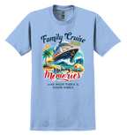 Light blue t-shirt with family cruise design featuring a cruise ship, palm trees, and beach elements.
