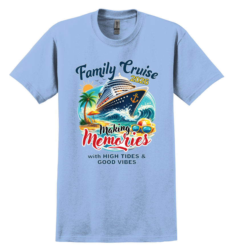 Light blue t-shirt with family cruise design featuring a cruise ship, palm trees, and beach elements.