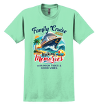 Mint green t-shirt with family cruise design featuring a cruise ship, palm trees, and text