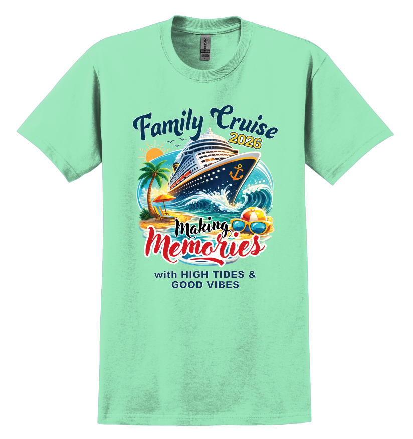 Mint green t-shirt with family cruise design featuring a cruise ship, palm trees, and text
