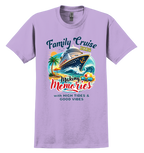 Purple t-shirt with family cruise design featuring a cruise ship, palm trees, and text