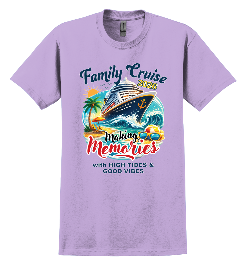 Purple t-shirt with family cruise design featuring a cruise ship, palm trees, and text