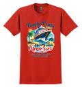 Red t-shirt with family cruise design featuring a cruise ship, palm trees, and text