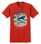 Red t-shirt with family cruise design featuring a cruise ship, palm trees, and text