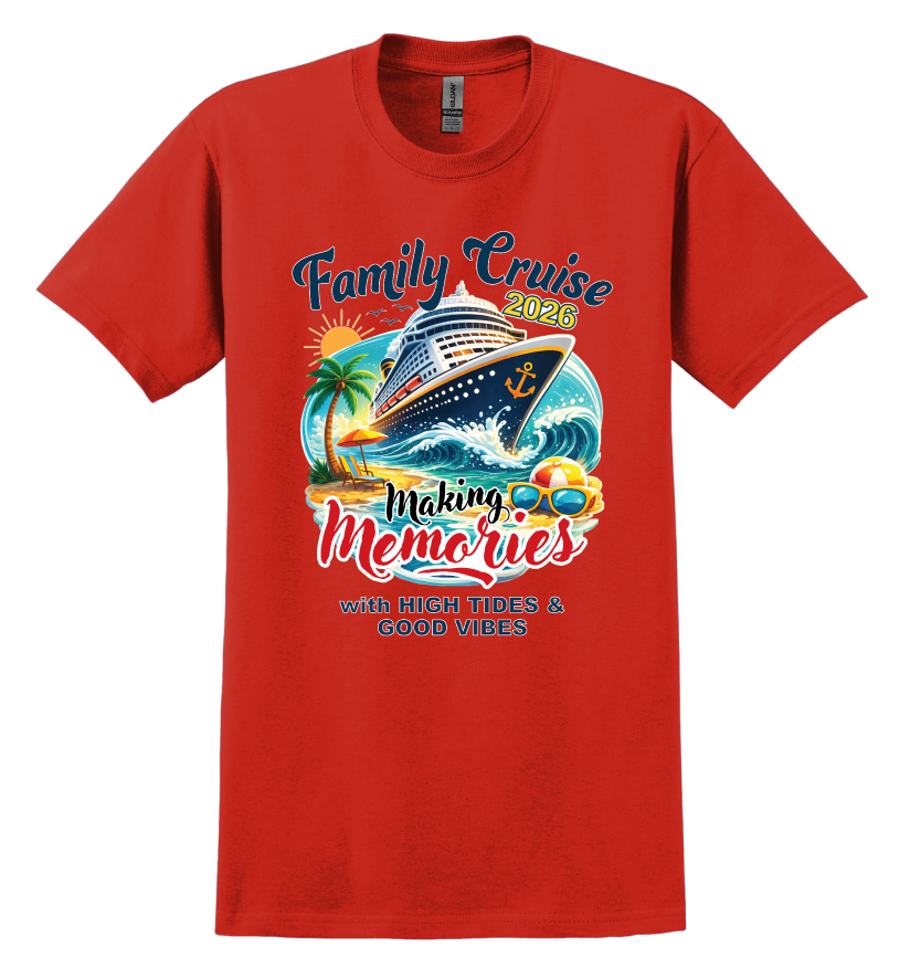 Red t-shirt with family cruise design featuring a cruise ship, palm trees, and text