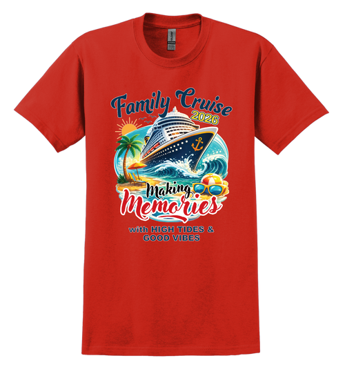 Red t-shirt with family cruise design featuring a cruise ship, palm trees, and text