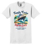 White t-shirt with family cruise design featuring a ship, palm trees, and text
