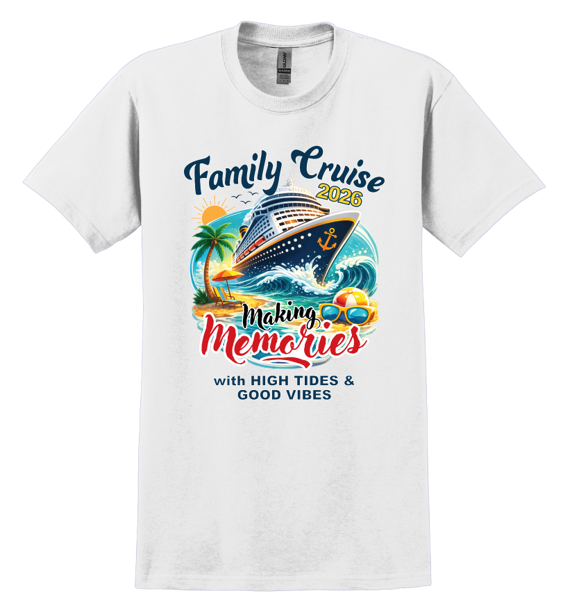 White t-shirt with family cruise design featuring a ship, palm trees, and text
