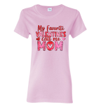 Light pink t-shirt with My Favorite Valentines Call Me Mom pink text design.