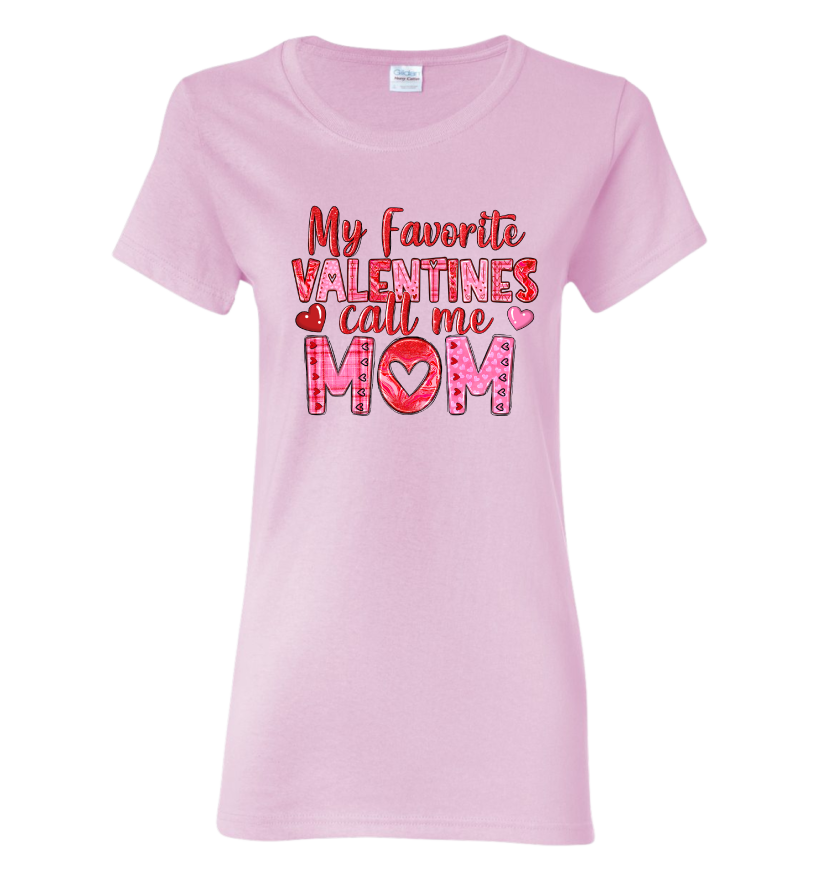Light pink t-shirt with My Favorite Valentines Call Me Mom pink text design.