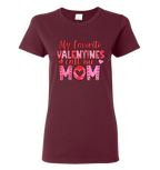 Maroon t-shirt with My Favorite Valentines Call Me Mom pink text design.