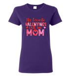 Purple t-shirt with My Favorite Valentines Call Me Mom pink text design.