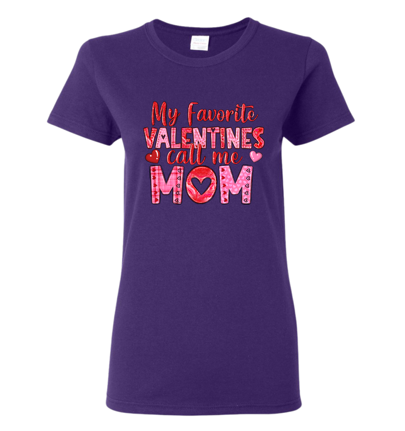 Purple t-shirt with My Favorite Valentines Call Me Mom pink text design.